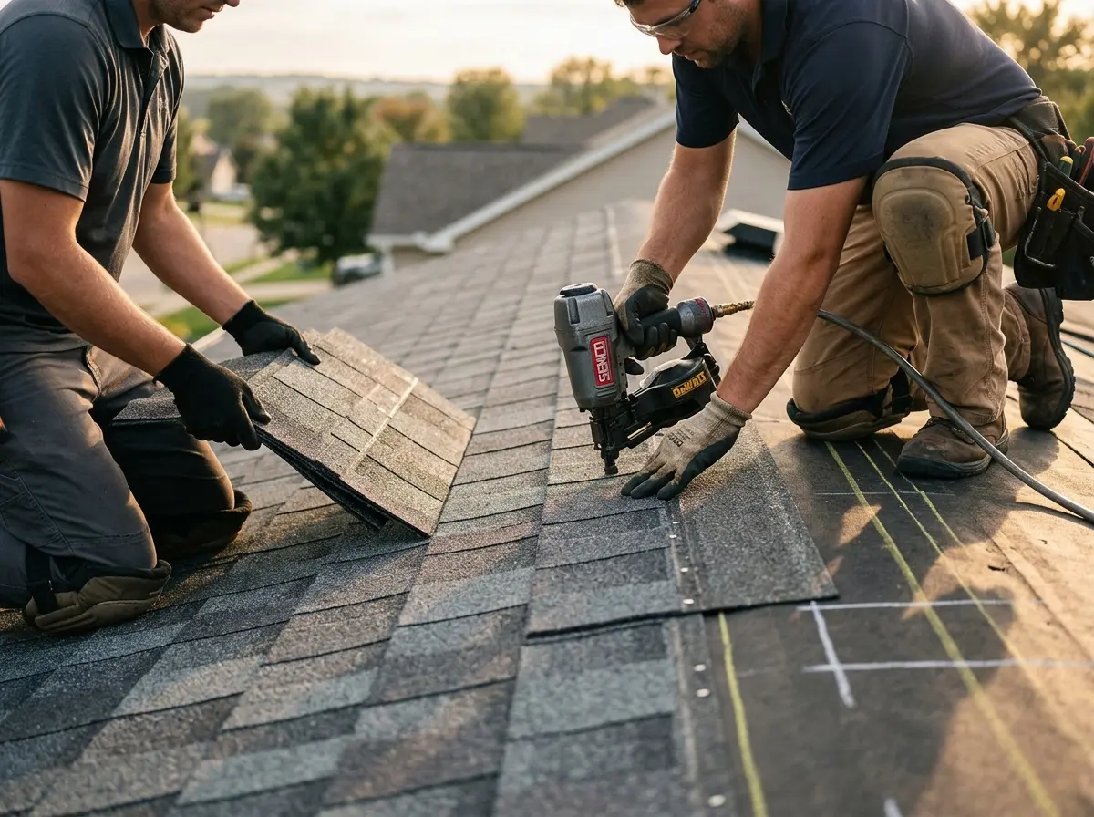 Professional roofer working on a residential roof in Heber